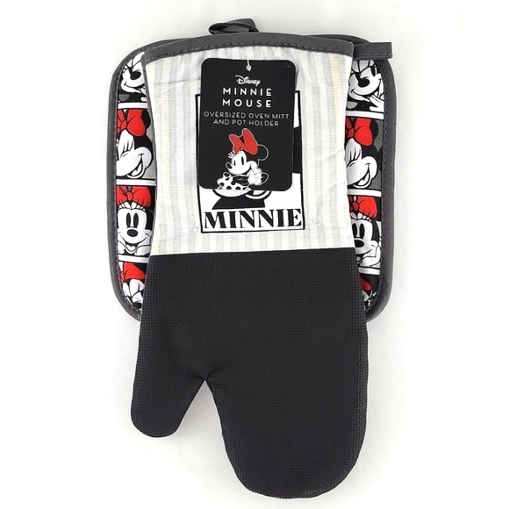 Minnie Mouse Disney Red Grey Oversized Oven Mitt &  Pot Holder 2 Piece Set